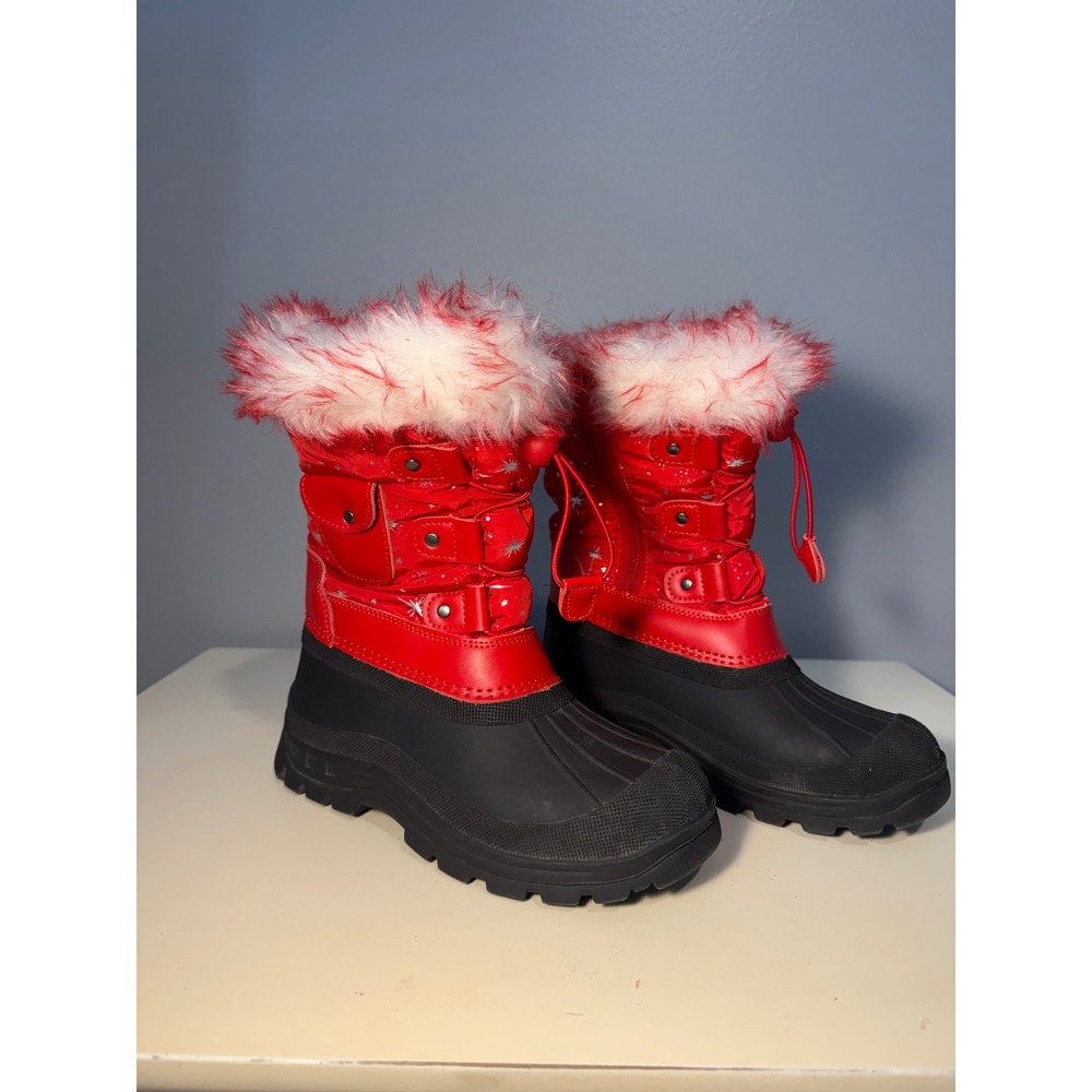 KSNOW Kids Red Black Faux Fur Trim Winter Snow Boots Size 2 Star Print Zip Up